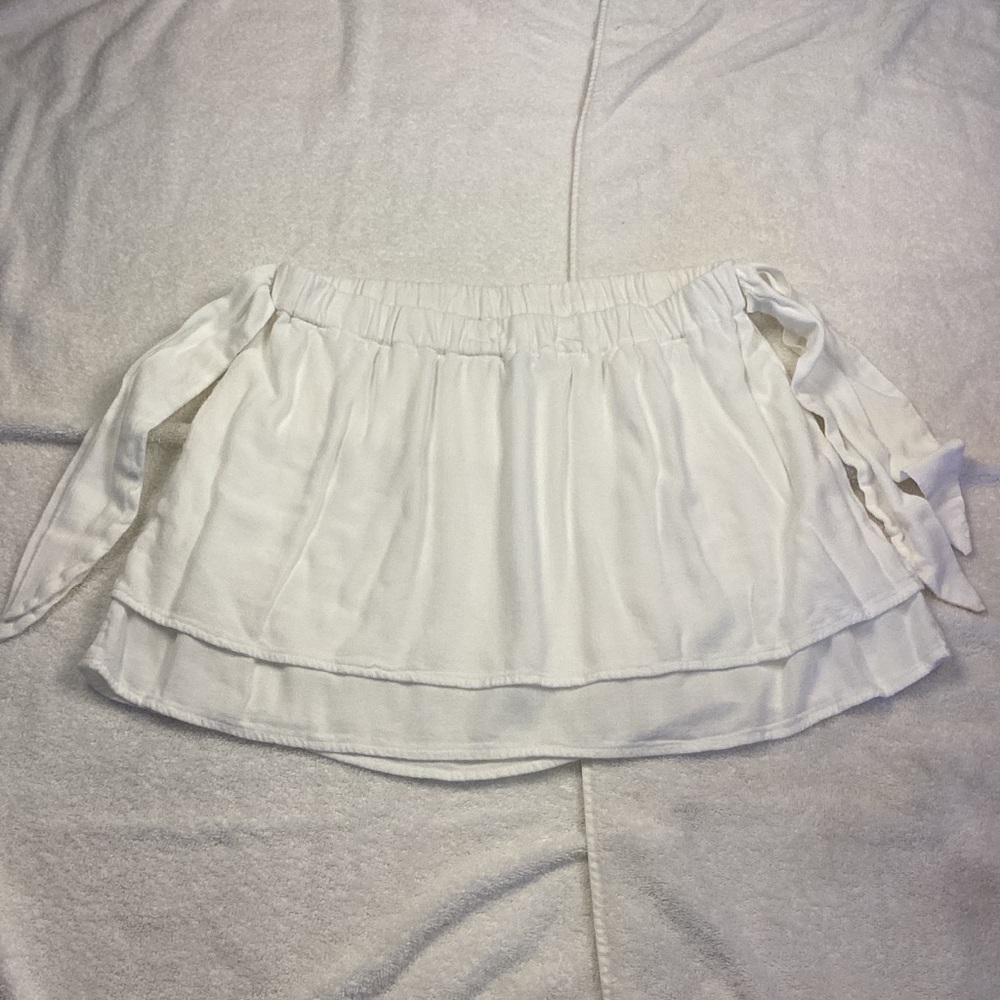 White Flowy Mini Skirt Elastic Waist Side Tie Detail Sz S
